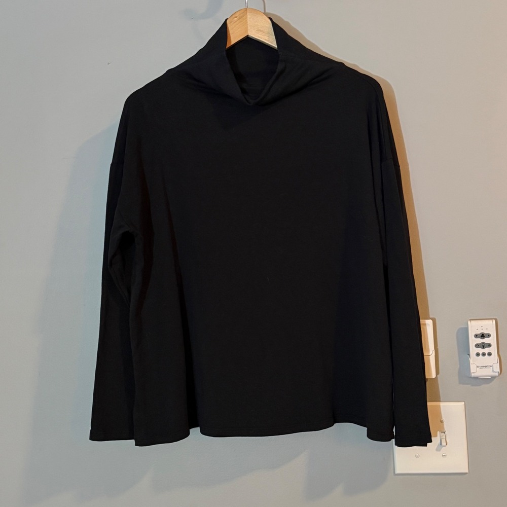 Eileen Fisher Top Women S Black Funnel Neck Tencel Organic Cotton Relaxed 5854